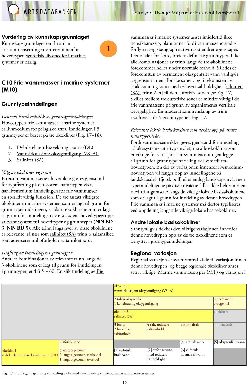 C10 Frie vannmasser i marine systemer (M10) Grunntypeinndelingen Generell karakteristikk av grunntypeinndelingen Hovedtypen frie vannmasser i marine systemer er livsmedium for pelagiske arter.