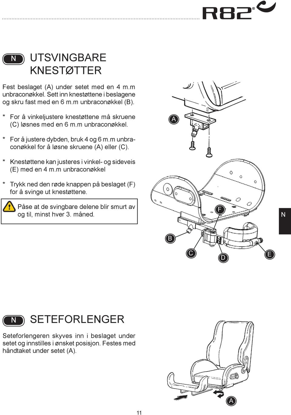 * Knestøttene kan justeres i vinkel- og sideveis (E) med en 4 m.m unbraconøkkel * Trykk ned den røde knappen på beslaget (F) for å svinge ut knestøttene.