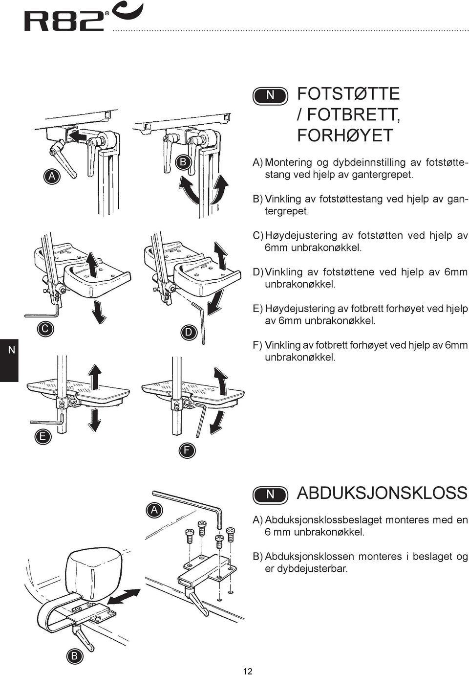 D) Vinkling av fotstøttene ved hjelp av 6mm unbrakonøkkel. C D E) Høydejustering av fotbrett forhøyet ved hjelp av 6mm unbrakonøkkel.