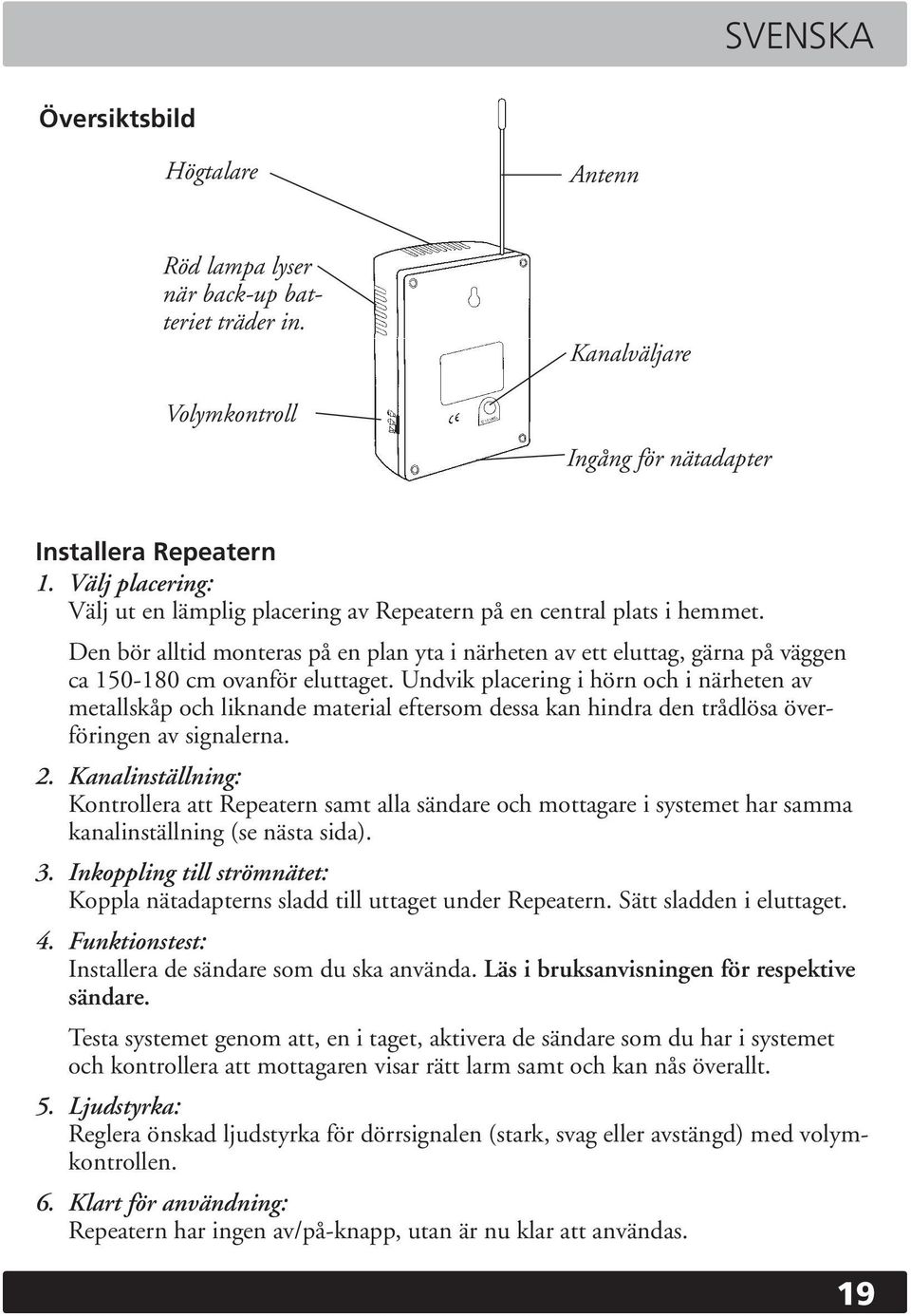 Den bör alltid monteras på en plan yta i närheten av ett eluttag, gärna på väggen ca 150-180 cm ovanför eluttaget.