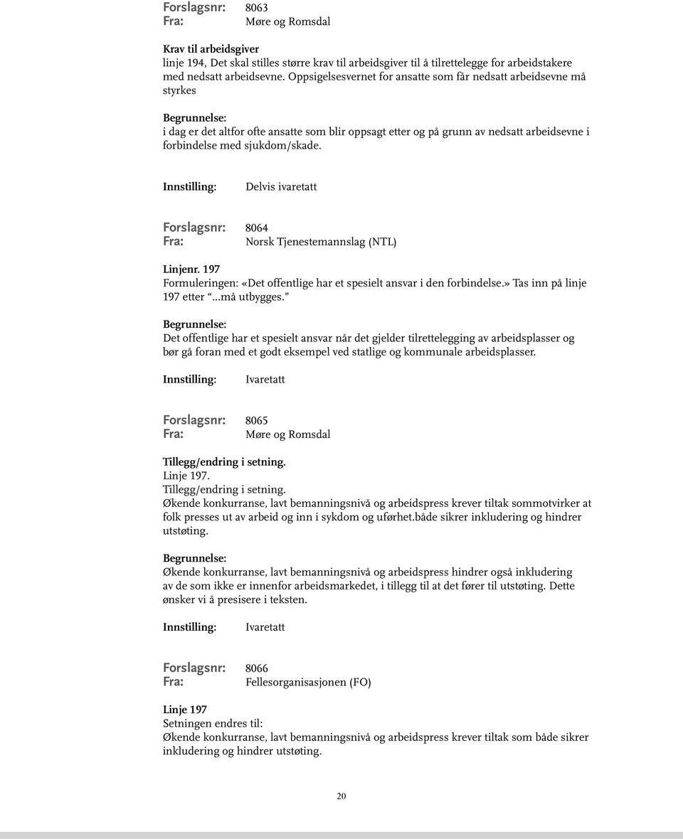 Forslagsnr: 8064 Norsk Tjenestemannslag (NTL) Linjenr. 197 Formuleringen: «Det offentlige har et spesielt ansvar i den forbindelse.» Tas inn på linje 197 etter...må utbygges.