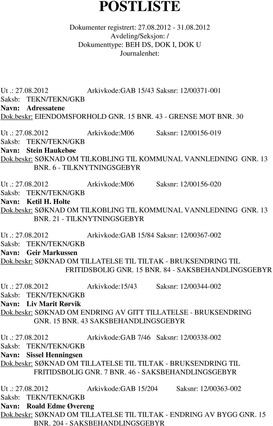 beskr: SØKNAD OM TILKOBLING TIL KOMMUNAL VANNLEDNING GNR. 13 BNR. 21 - TILKNYTNINGSGEBYR Ut.: 27.08.2012 Arkivkode:GAB 15/84 Saksnr: 12/00367-002 Navn: Geir Markussen Dok.