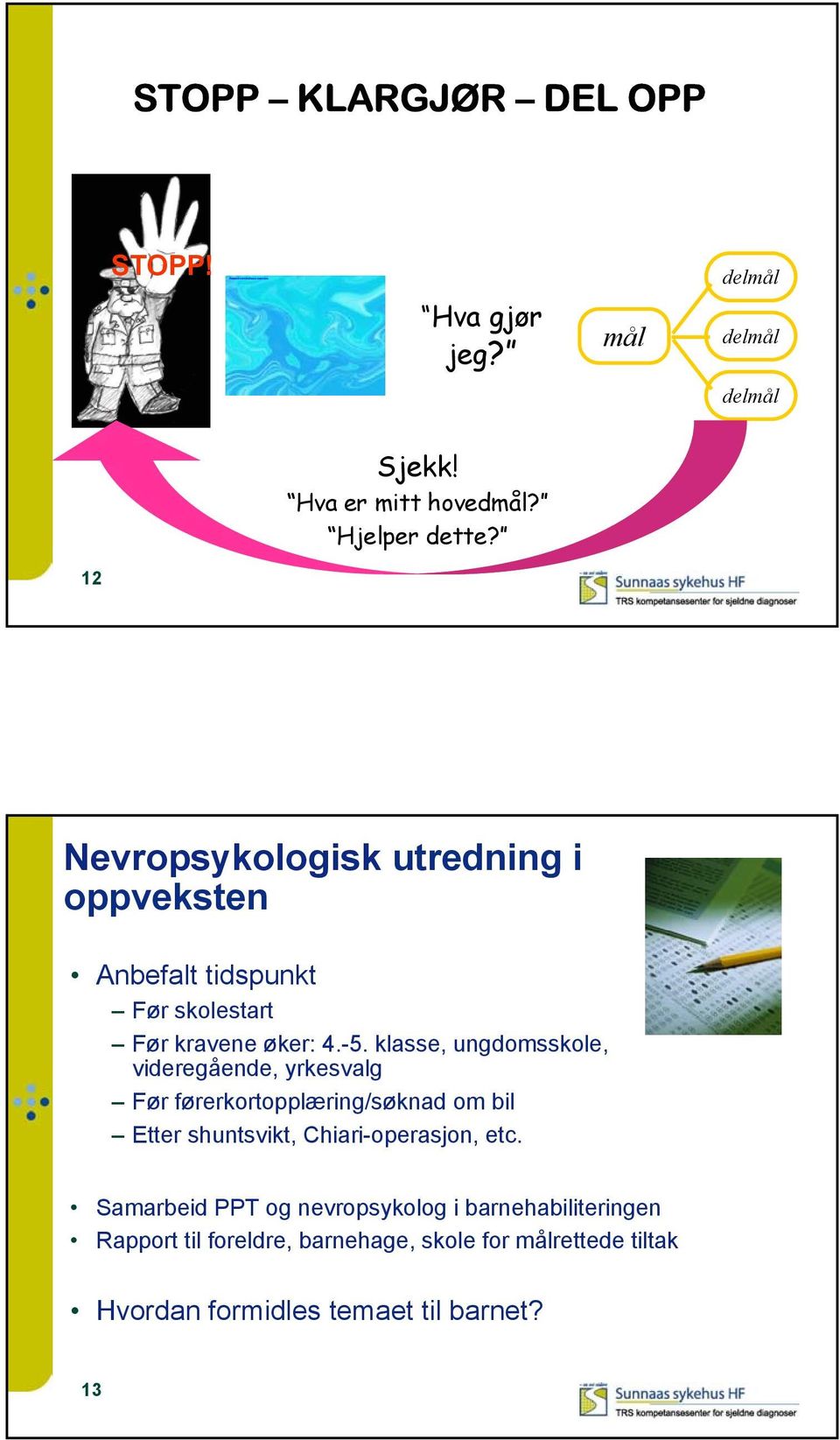 klasse, ungdomsskole, videregående, yrkesvalg Før førerkortopplæring/søknad om bil Etter shuntsvikt, Chiari-operasjon, etc.