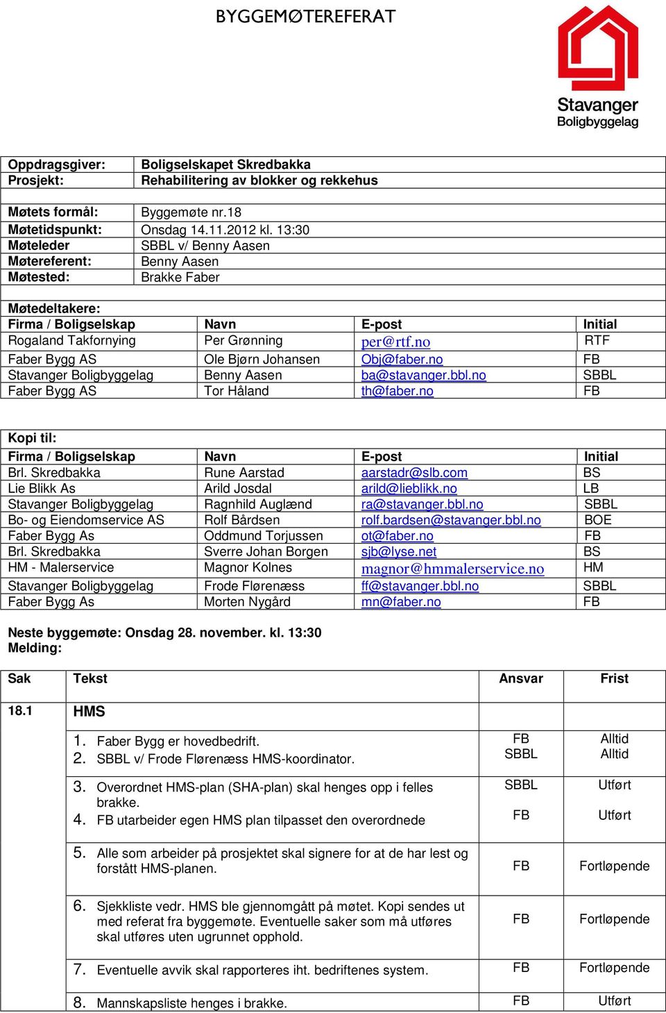 no RTF Faber Bygg AS Ole Bjørn Johansen Obj@faber.no Stavanger Boligbyggelag Benny Aasen ba@stavanger.bbl.no SBBL Faber Bygg AS Tor Håland th@faber.