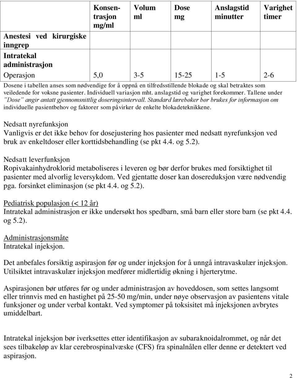 Tallene under Dose angir antatt gjennomsnittlig doseringsintervall. Standard lærebøker bør brukes for informasjon om individuelle pasientbehov og faktorer som påvirker de enkelte blokadeteknikkene.