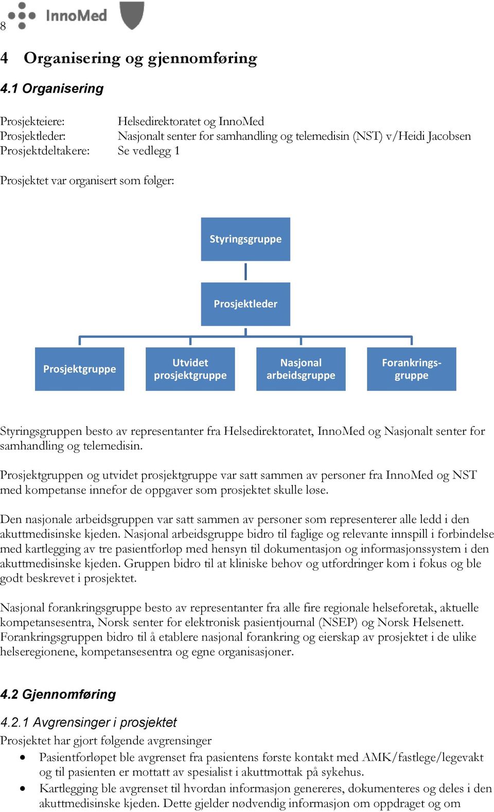 organisert som følger: Styringsgruppe Prosjektleder Prosjektgruppe Utvidet prosjektgruppe Nasjonal arbeidsgruppe Forankringsgruppe Styringsgruppen besto av representanter fra Helsedirektoratet,