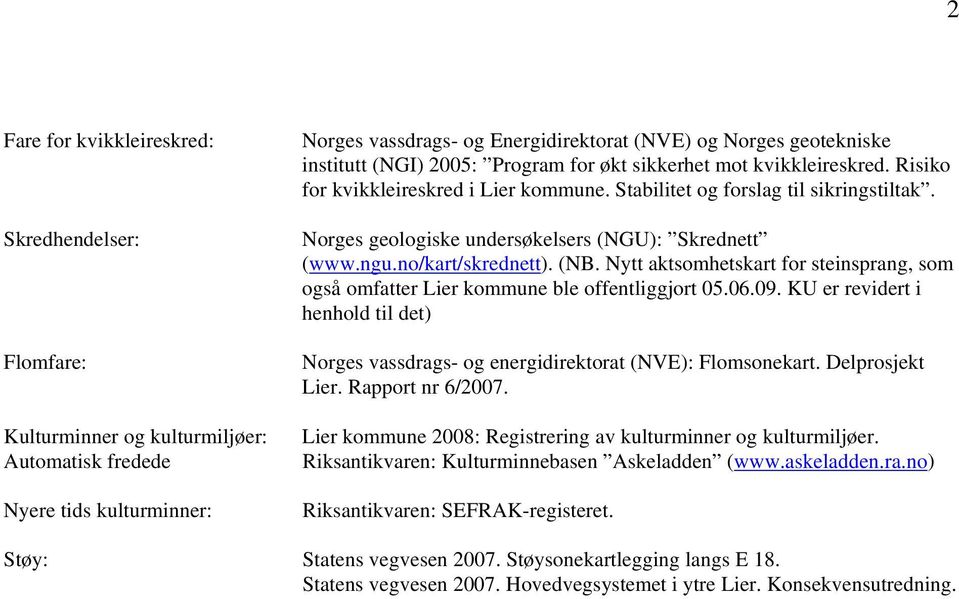 Norges geologiske undersøkelsers (NGU): Skrednett (www.ngu.no/kart/skrednett). (NB. Nytt aktsomhetskart for steinsprang, som også omfatter Lier kommune ble offentliggjort 05.06.09.