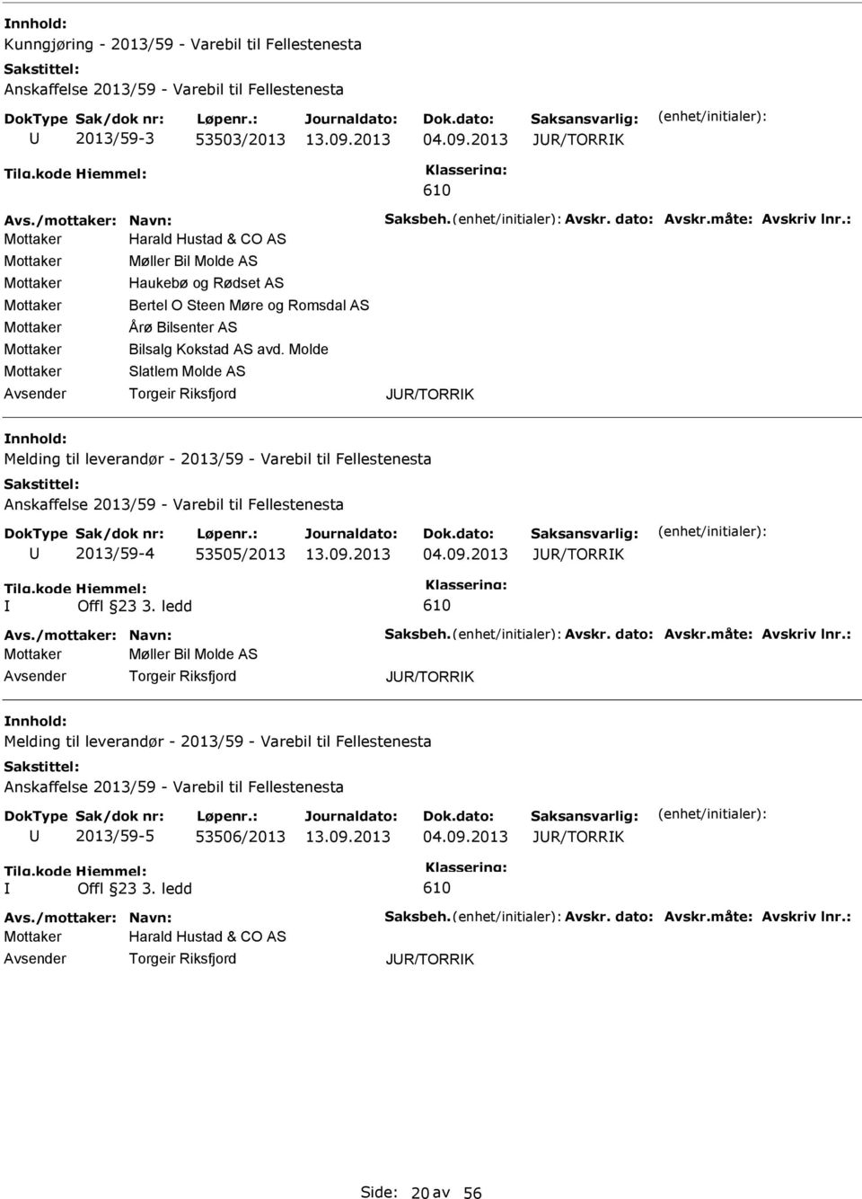 Molde Slatlem Molde AS Torgeir Riksfjord JR/TORRK Melding til leverandør - 2013/59 - Varebil til Fellestenesta Anskaffelse 2013/59 - Varebil til Fellestenesta 2013/59-4 53505/2013 04.09.