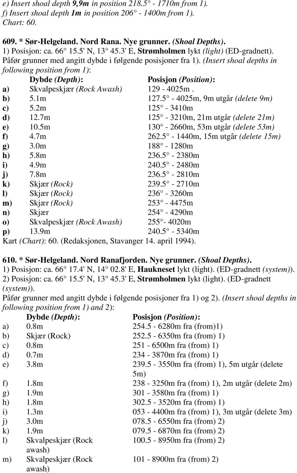 (Insert shoal depths in following position from 1): Dybde (Depth): Posisjon (Position): a) Skvalpeskjær (Rock Awash) 129-4025m. b) 5.1m 127.5-4025m, 9m utgår (delete 9m) c) 5.2m 125-3410m d) 12.