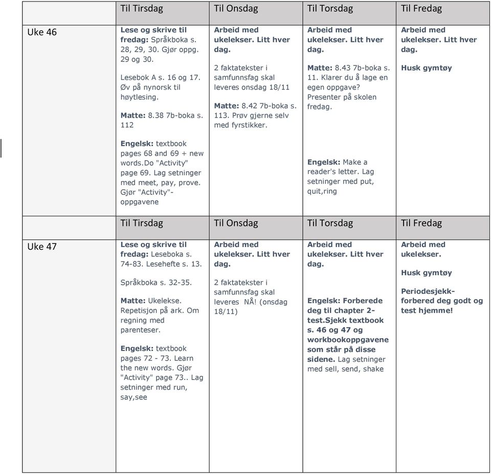 resenter på skolen fre Husk gymtøy ngelsk textbook pages 68 and 69 + new words.o "Activity" page 69. Lag setninger med meet, pay, prove. Gjør "Activity" oppgavene ngelsk Make a reader's letter.