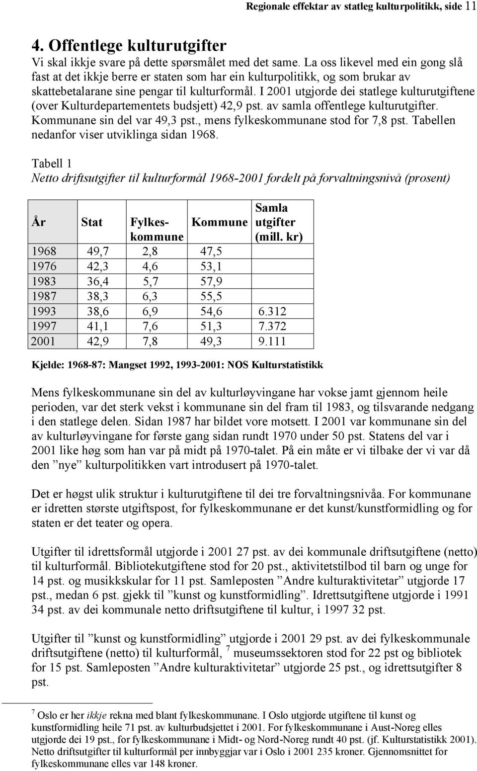 I 2001 utgjorde dei statlege kulturutgiftene (over Kulturdepartementets budsjett) 42,9 pst. av samla offentlege kulturutgifter. Kommunane sin del var 49,3 pst., mens fylkeskommunane stod for 7,8 pst.