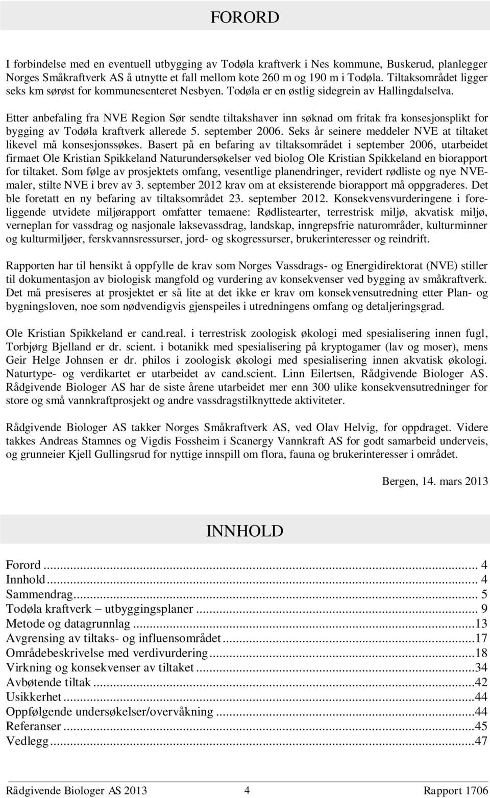 Etter anbefaling fra NVE Region Sør sendte tiltakshaver inn søknad om fritak fra konsesjonsplikt for bygging av Todøla kraftverk allerede 5. september 2006.