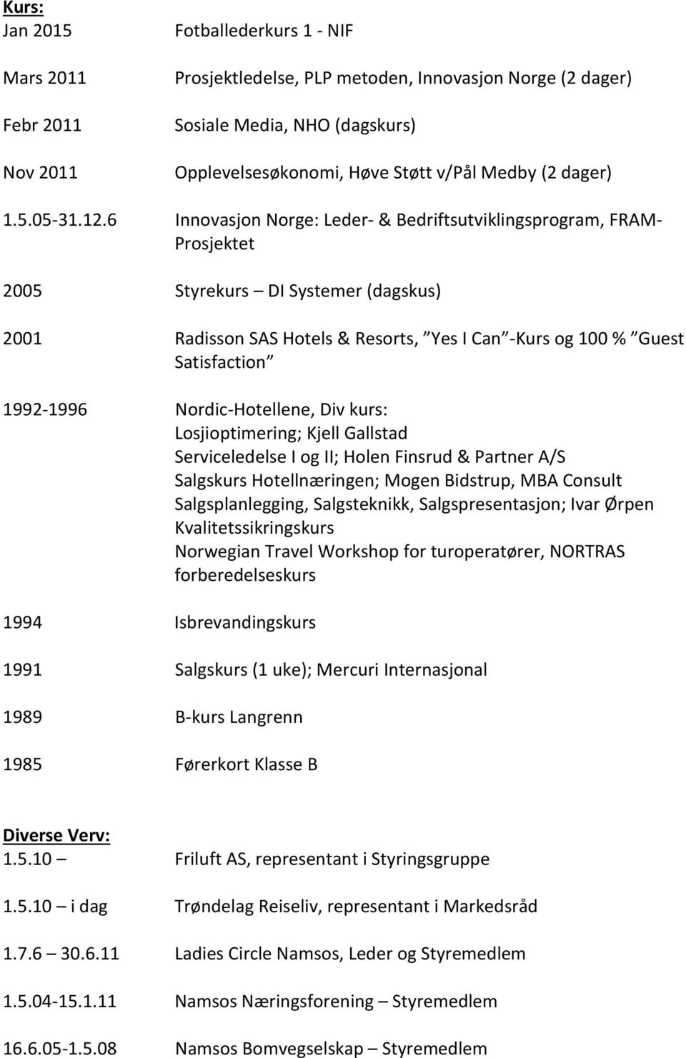 6 Innovasjon Norge: Leder- & Bedriftsutviklingsprogram, FRAM- Prosjektet 2005 Styrekurs DI Systemer (dagskus) 2001 Radisson SAS Hotels & Resorts, Yes I Can -Kurs og 100 % Guest Satisfaction 1992-1996