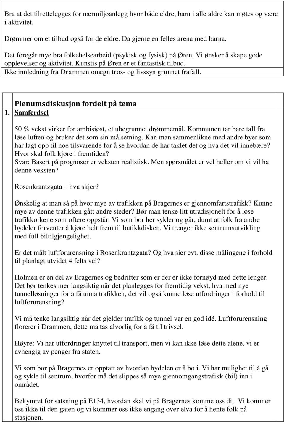 Ikke innledning fra Drammen omegn tros- og livssyn grunnet frafall. Plenumsdiskusjon fordelt på tema 1. Samferdsel 50 % vekst virker for ambisiøst, et ubegrunnet drømmemål.