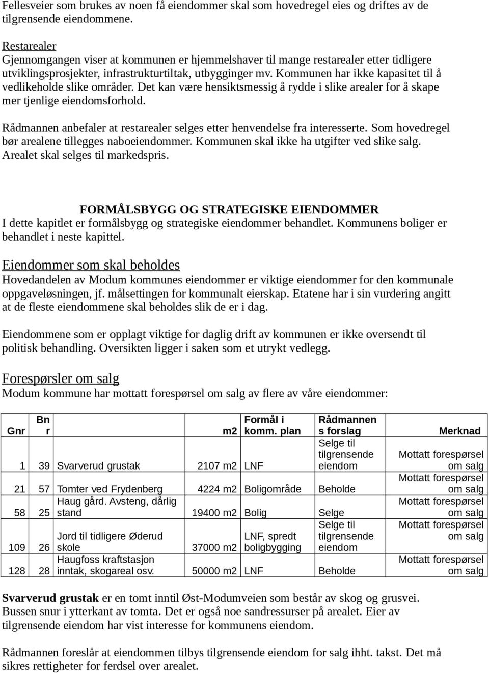 Kommunen har ikke kapasitet til å vedlikeholde slike områder. Det kan være hensiktsmessig å rydde i slike arealer for å skape mer tjenlige eiendomsforhold.