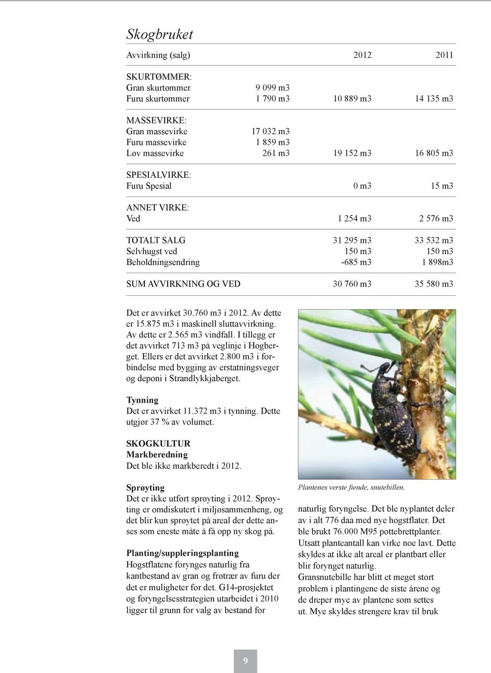 AVVIRKNING OG VED 30 760 m3 35 580 m3 Det er avvirket 30.760 m3 i 2012. Av dette er 15.875 m3 i maskinell sluttavvirkning. Av dette er 2.565 m3 vindfall.