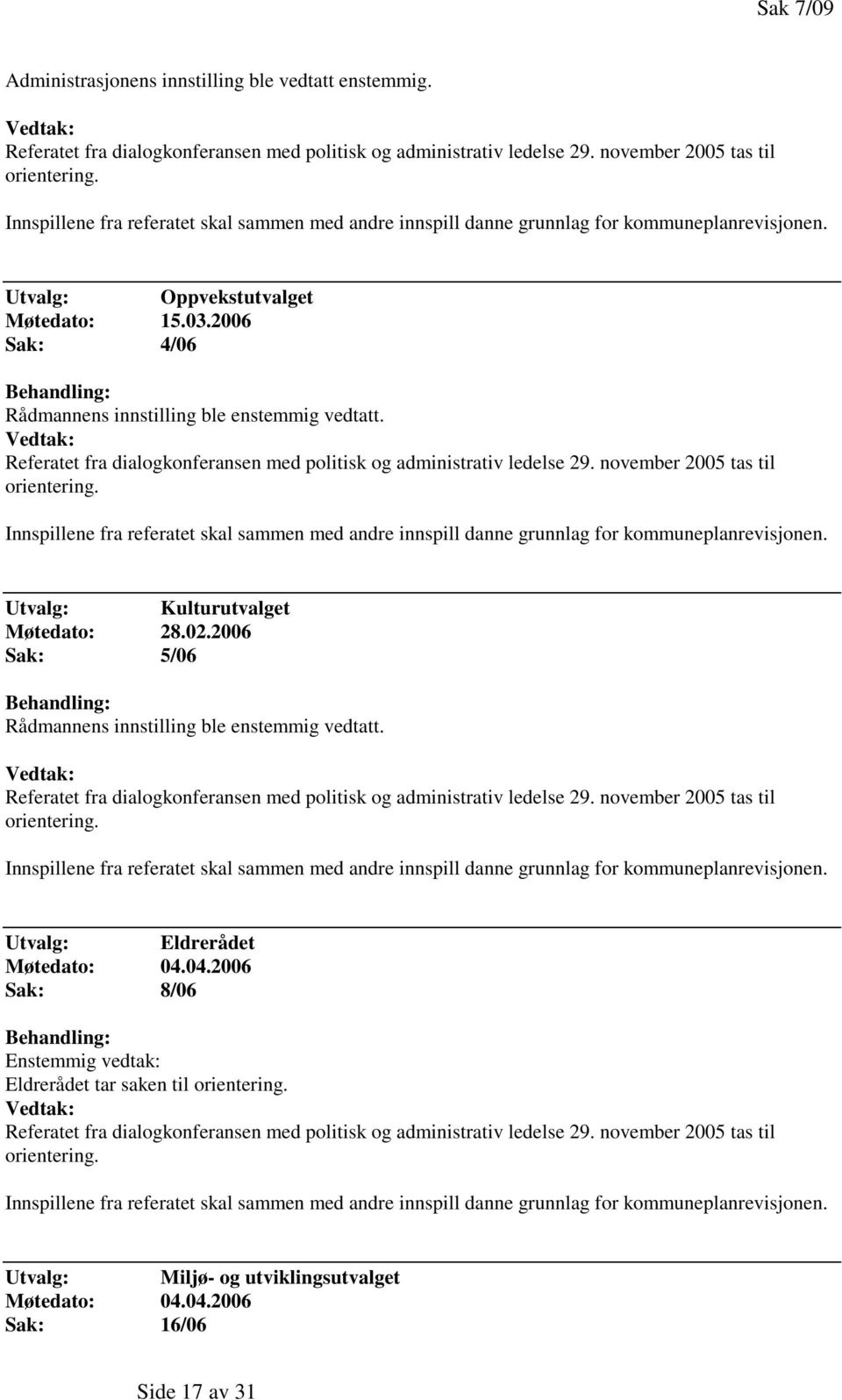 Referatet fra dialogkonferansen med politisk og administrativ ledelse 29. november 2005 tas til orientering.