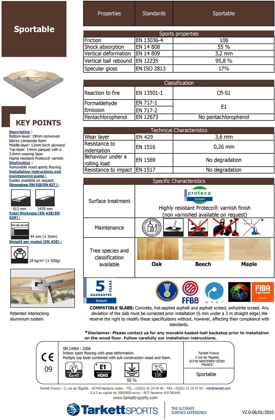 6mm wearing layer Highly resistant Proteco varnish. Destination : Removable wood sports flooring Installation instructions and maintenance guide : Guides available on request.