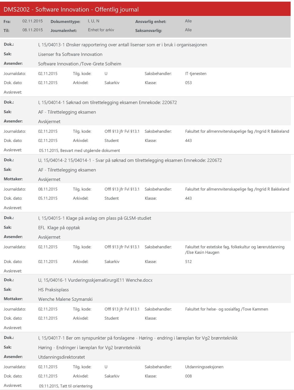 dato: Arkivdel: Student 05.11.2015, Besvart med utgående dokument, 15/04014-2 15/04014-1 - Svar på søknad om tilrettelegging eksamen Emnekode: 220672 AF - Tilrettelegging eksamen Journaldato: Tilg.