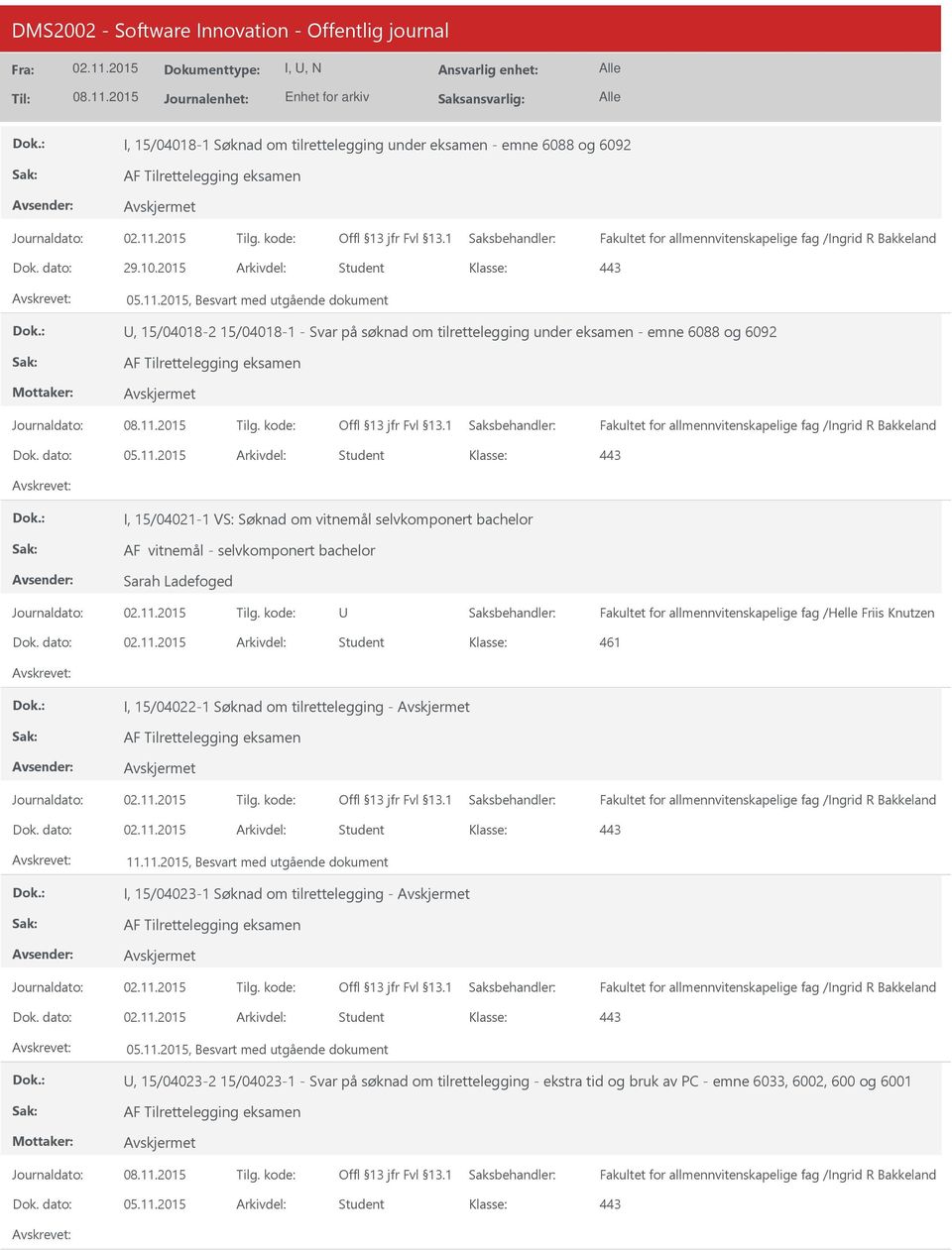 2015 Arkivdel: Student I, 15/04021-1 VS: Søknad om vitnemål selvkomponert bachelor AF vitnemål - selvkomponert bachelor Sarah Ladefoged Journaldato: Tilg.