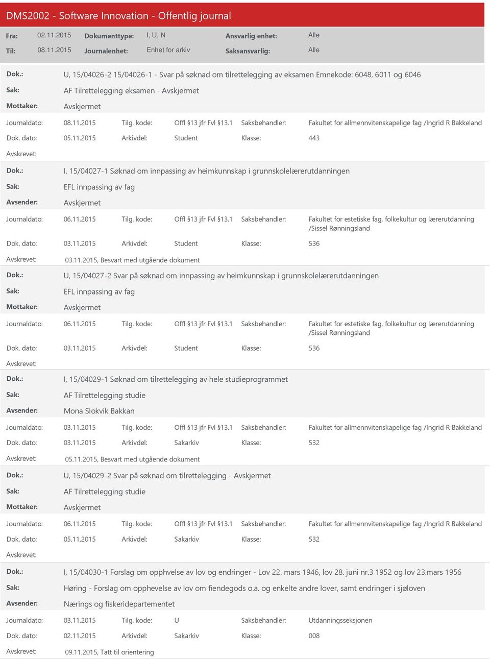 2015 Arkivdel: Student I, 15/04027-1 Søknad om innpassing av heimkunnskap i grunnskolelærerutdanningen EFL innpassing av fag /Sissel Rønningsland Dok. dato: 03.11.