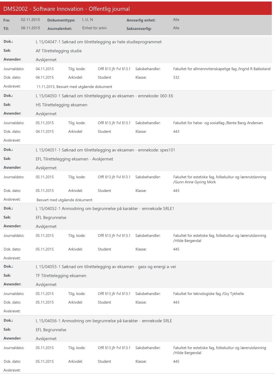 11.2015 Tilg. kode: Dok. dato: 04.11.2015 Arkivdel: Student I, 15/04051-1 Søknad om tilrettelegging av eksamen - emnekode: spes101 EFL Tilrettelegging eksamen - Journaldato: 05.11.2015 Tilg. kode: /Gunn Anne Gyving Mork Dok.