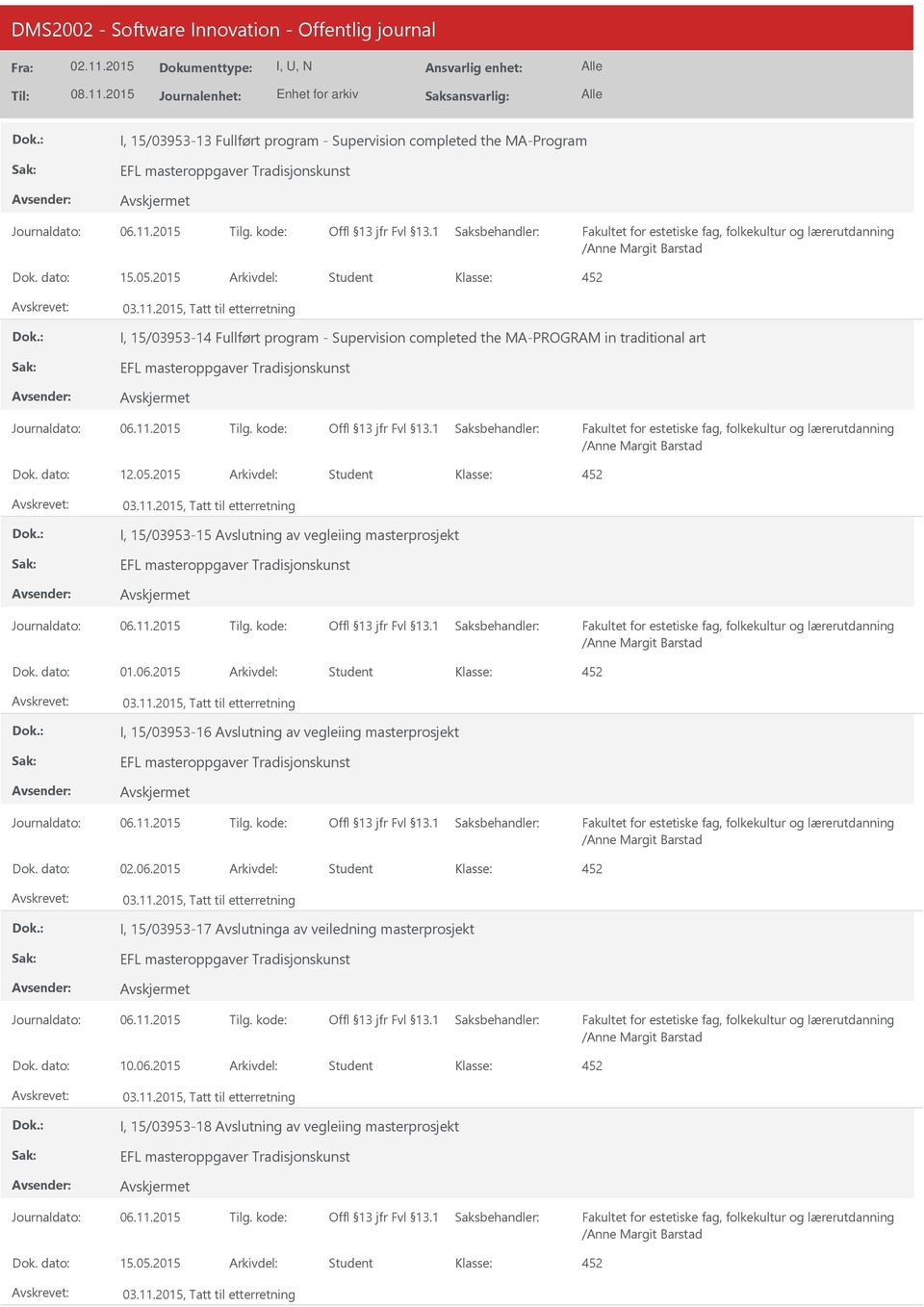 2015 Arkivdel: Student 452 03.11.2015, Tatt til etterretning I, 15/03953-15 Avslutning av vegleiing masterprosjekt EFL masteroppgaver Tradisjonskunst /Anne Margit Barstad Dok. dato: 01.06.