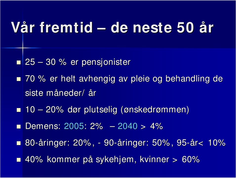 plutselig (ønskedr( nskedrømmen) Demens: 2005: : 2% 2040 > 4%