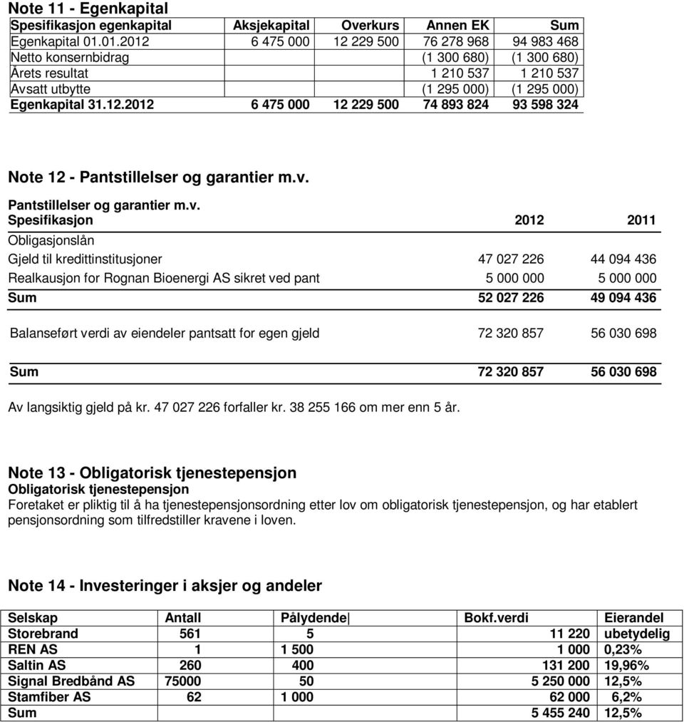 v. Pantstillelser og garantier m.v. Spesifikasjon 2012 2011 Obligasjonslån Gjeld til kredittinstitusjoner 47 027 226 44 094 436 Realkausjon for Rognan Bioenergi AS sikret ved pant 5 000 000 5 000 000