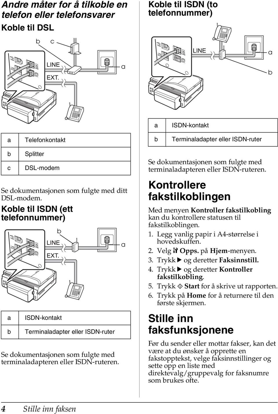 Koble til ISDN (ett telefonnummer) a b b ISDN-kontakt Terminaladapter eller ISDN-ruter Se dokumentasjonen som fulgte med terminaladapteren eller ISDN-ruteren.