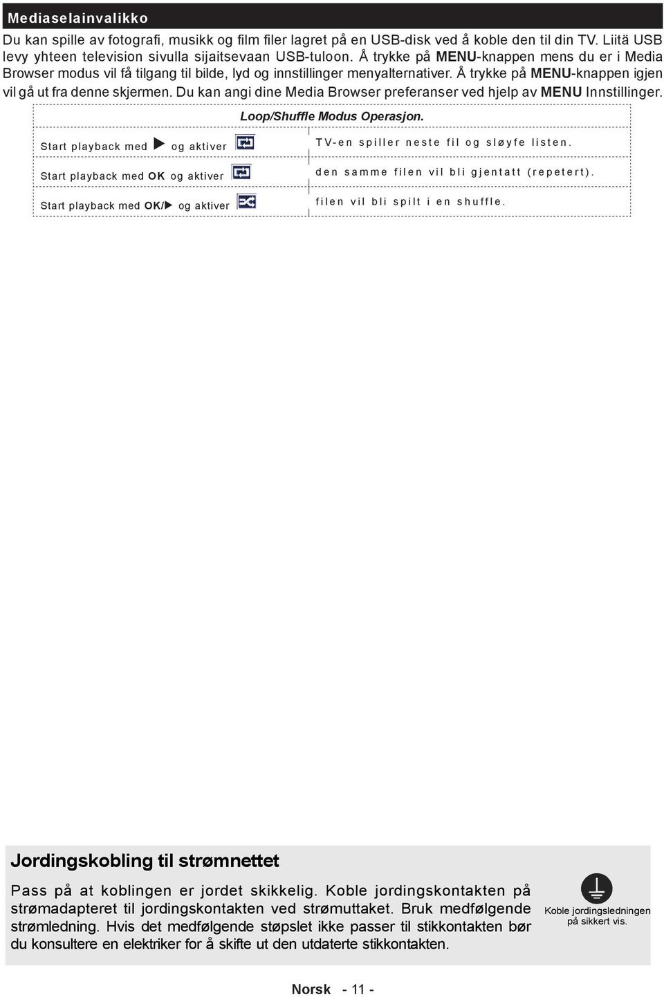 Du kan angi dine Media Browser preferanser ved hjelp av MENU Innstillinger. Loop/Shuffle Modus Operasjon. Start playback med og aktiver TV-en spiller neste fil og sløyfe listen.