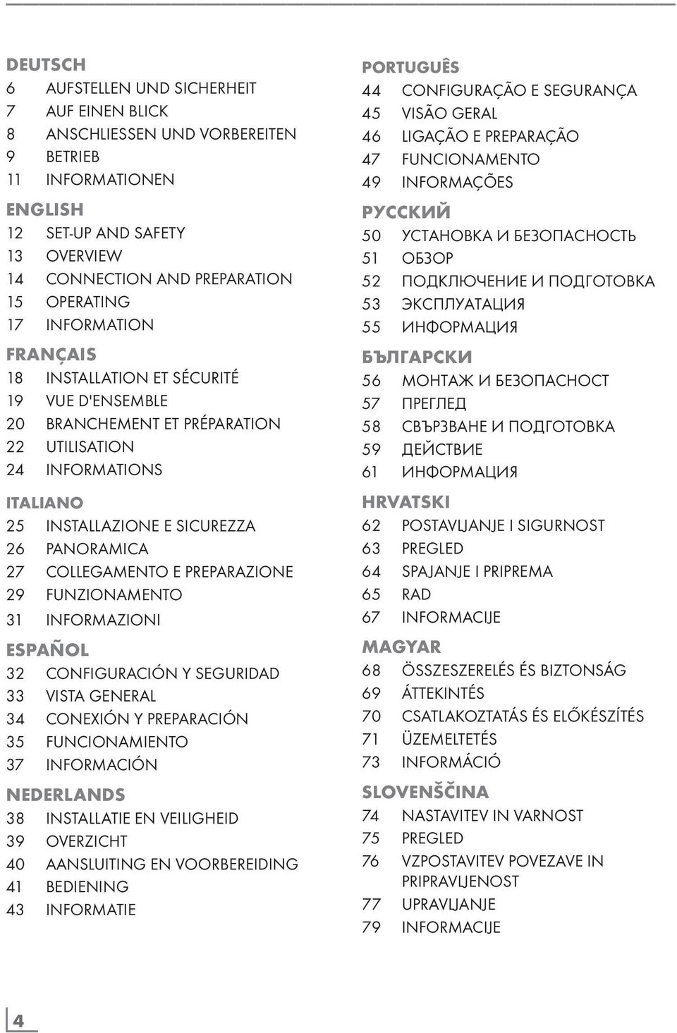 PREPARAZIONE 29 FUNZIONAMENTO 31 INFORMAZIONI ESPAÑOL 32 CONFIGURACIÓN Y SEGURIDAD 33 VISTA GENERAL 34 CONEXIÓN Y PREPARACIÓN 35 FUNCIONAMIENTO 37 INFORMACIÓN NEDERLANDS 38 INSTALLATIE EN VEILIGHEID