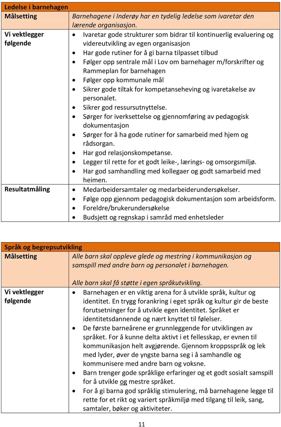 i Lov om barnehager m/forskrifter og Rammeplan for barnehagen Følger opp kommunale mål Sikrer gode tiltak for kompetanseheving og ivaretakelse av personalet. Sikrer god ressursutnyttelse.