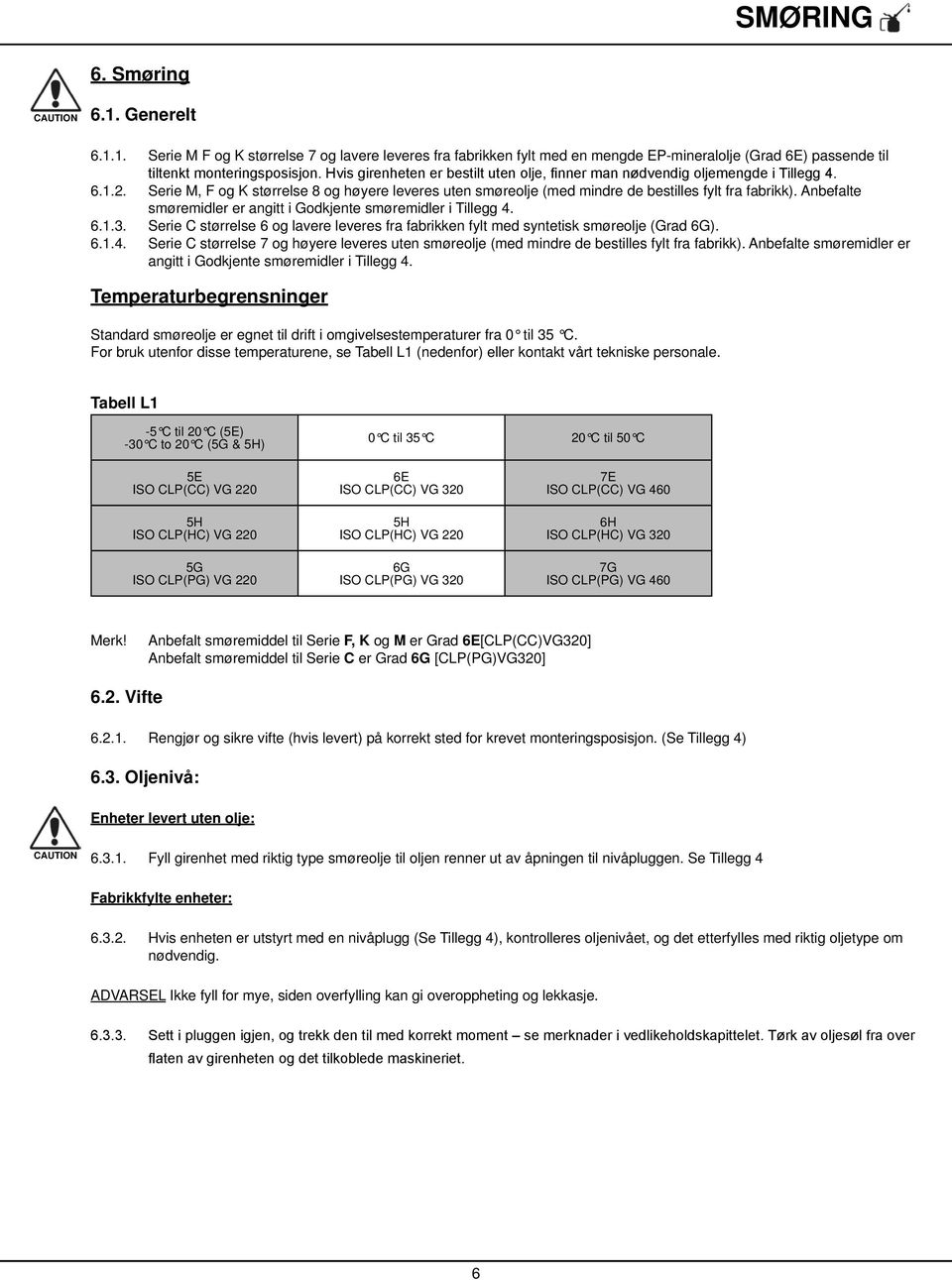 Serie C størrelse 6 og lavere leveres fra fabrikken fylt med syntetisk smøreolje (Grad 6G). 6.1.4. Serie C størrelse 7 og høyere leveres uten smøreolje (med mindre de bestilles fylt fra fabrikk).