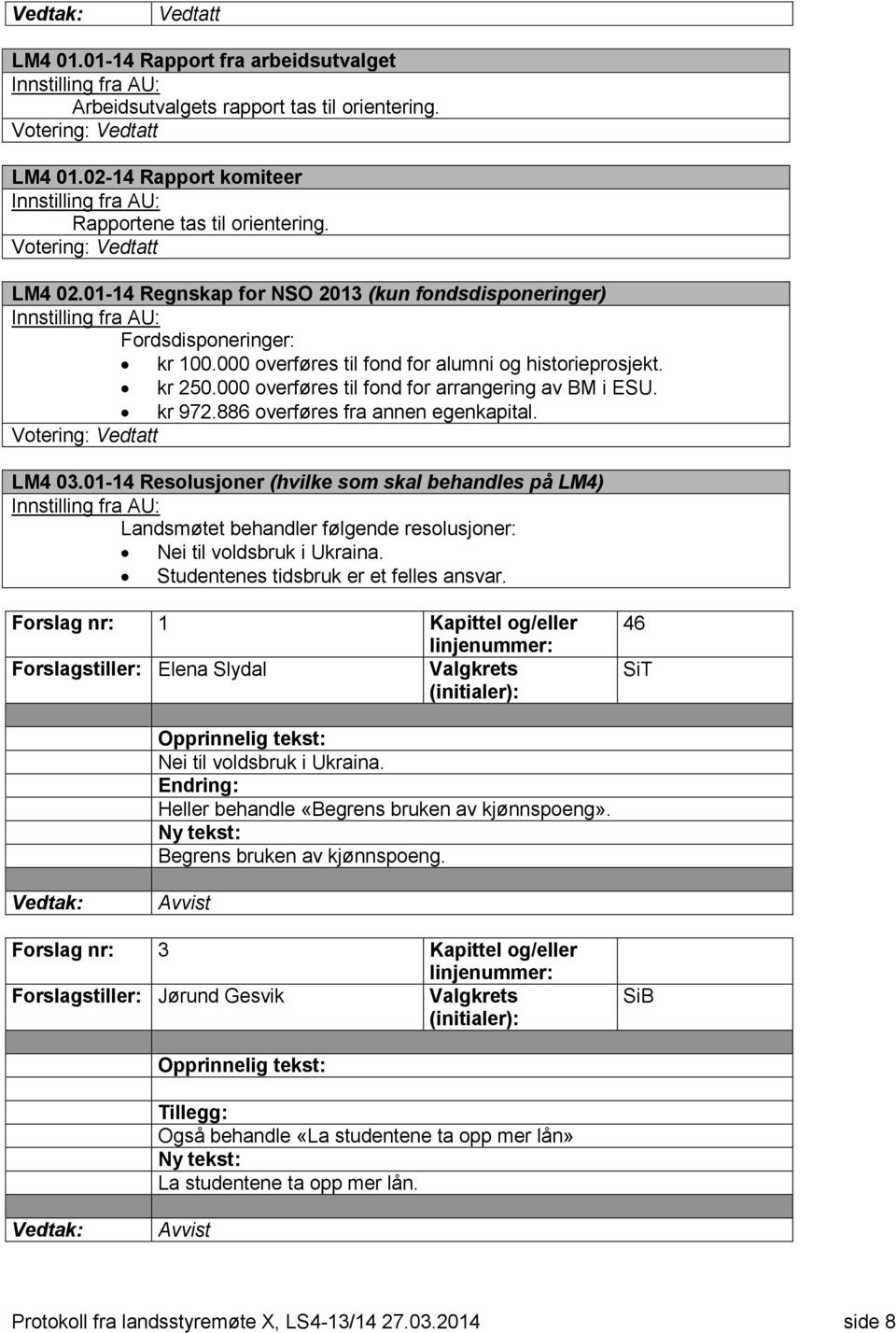 kr 972.886 overføres fra annen egenkapital. LM4 03.01-14 Resolusjoner (hvilke som skal behandles på LM4) Landsmøtet behandler følgende resolusjoner: Nei til voldsbruk i Ukraina.