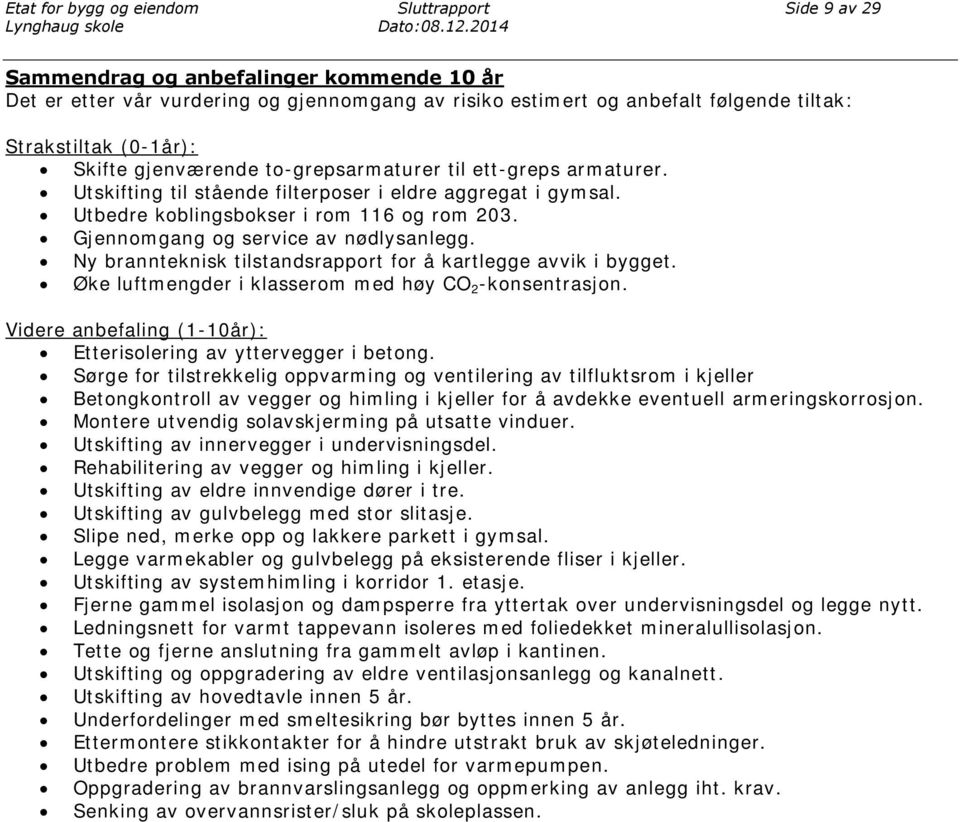 to-grepsarmaturer til ett-greps armaturer. Utskifting til stående filterposer i eldre aggregat i gymsal. Utbedre koblingsbokser i rom 116 og rom 203. Gjennomgang og service av nødlysanlegg.