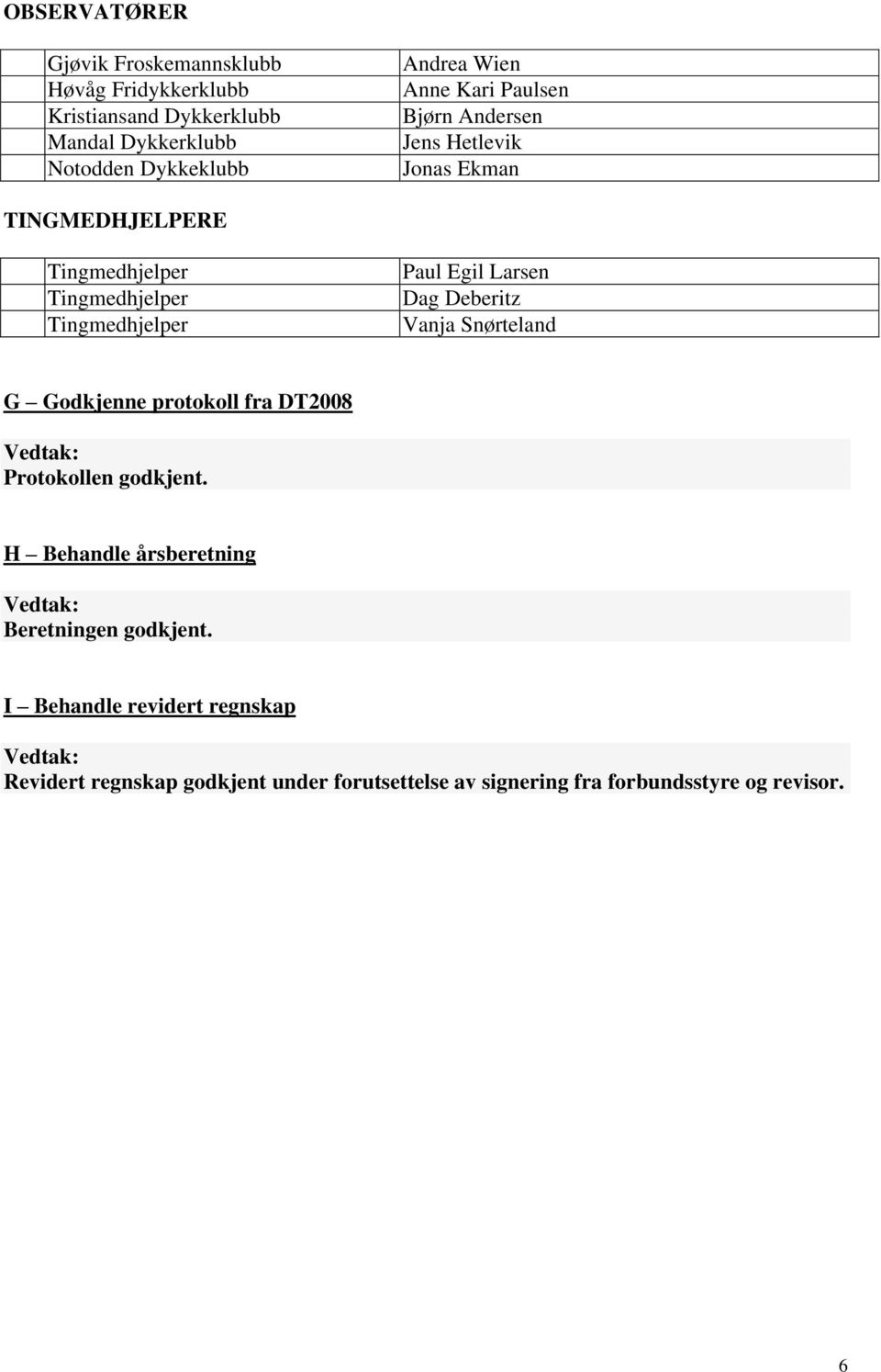Egil Larsen Dag Deberitz Vanja Snørteland G Godkjenne protokoll fra DT2008 Protokollen godkjent.