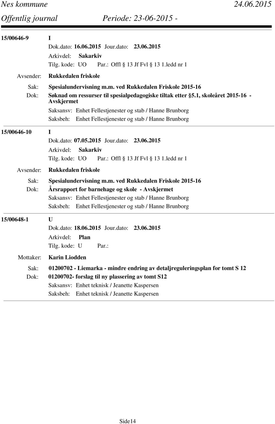 2015 Jour.dato: 23.06.2015 Spesialundervisning m.m. ved Rukkedalen Friskole 2015-16 Årsrapport for barnehage og skole - Avskjermet 15/00648-1 U Dok.dato: 18.06.2015 Jour.dato: 23.06.2015 Arkivdel: Plan Tilg.