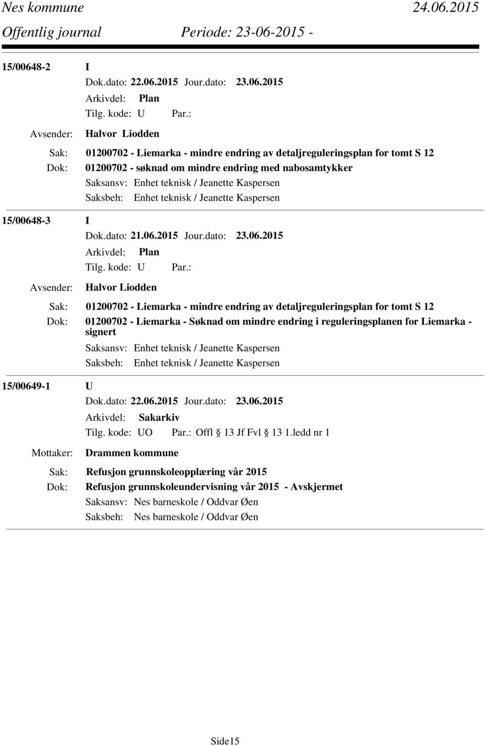 Kaspersen 15/00648-3 I Dok.dato: 21.06.2015 Jour.dato: 23.06.2015 Arkivdel: Plan Tilg. kode: U Par.