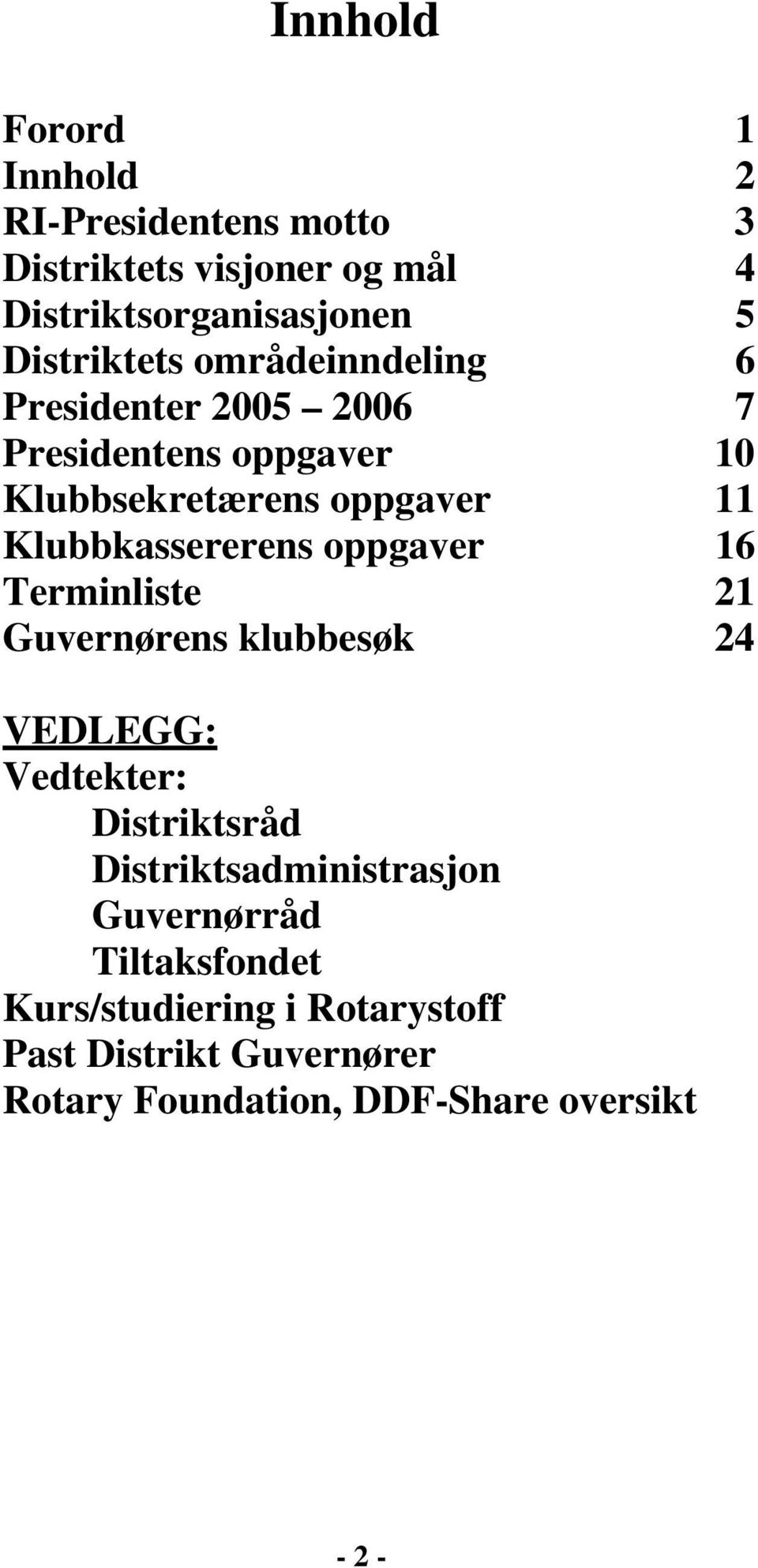 Klubbkassererens oppgaver 16 Terminliste 21 Guvernørens klubbesøk 24 VEDLEGG: Vedtekter: Distriktsråd