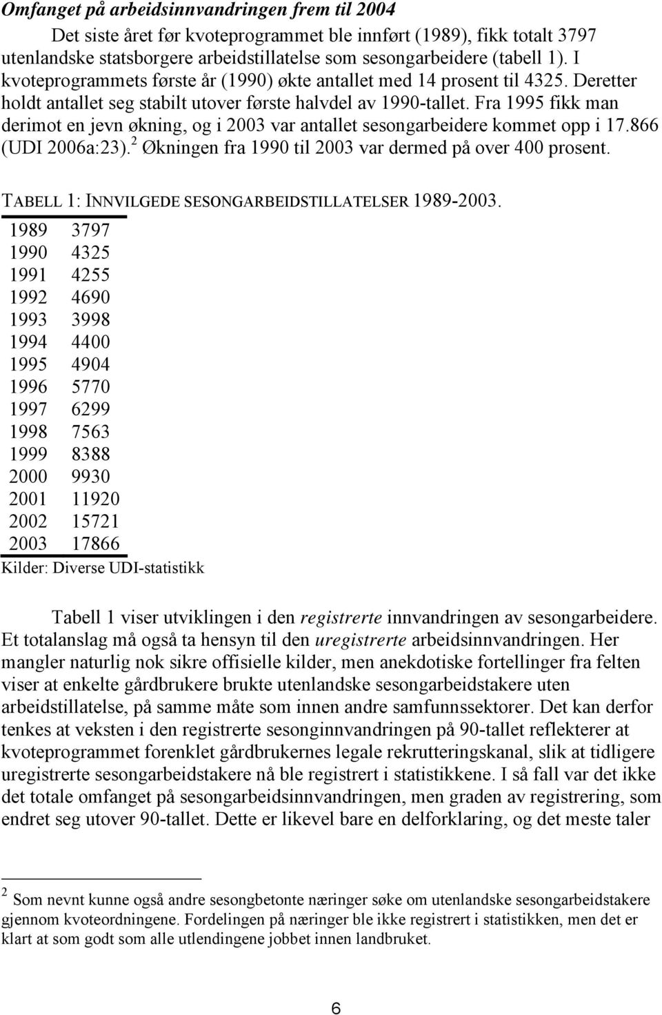 Fra 1995 fikk man derimot en jevn økning, og i 2003 var antallet sesongarbeidere kommet opp i 17.866 (UDI 2006a:23). 2 Økningen fra 1990 til 2003 var dermed på over 400 prosent.