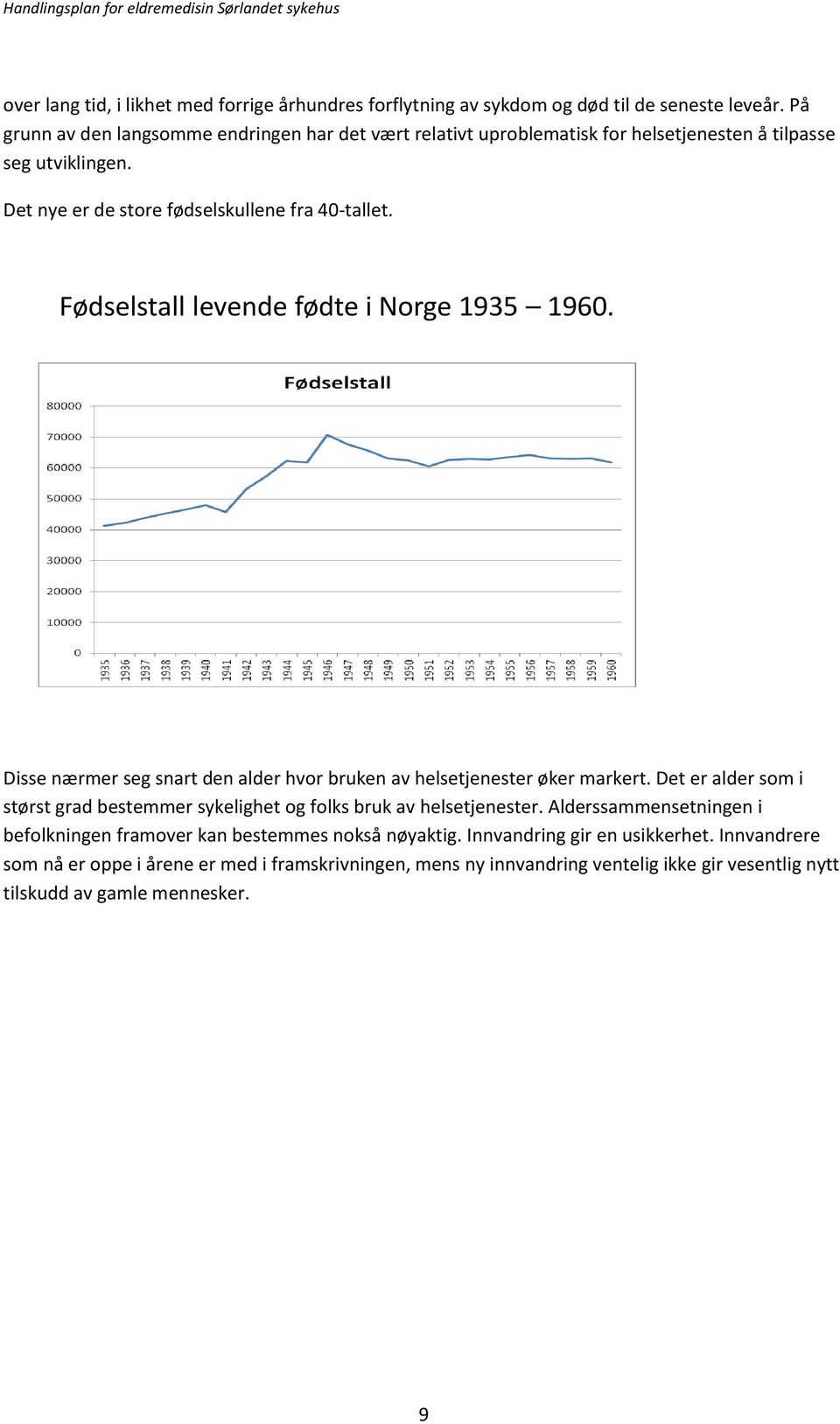 Fødselstall levende fødte i Norge 1935 1960. Disse nærmer seg snart den alder hvor bruken av helsetjenester øker markert.