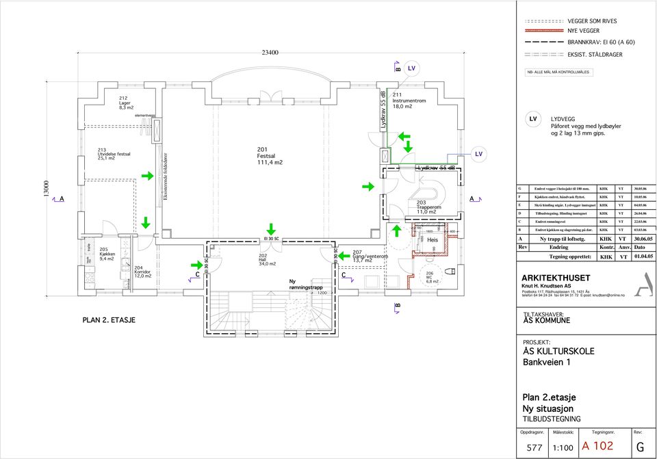 Hall 34,0 m2 Ny rømningstrapp EI 30 S Lydkrav 55 db 207 Gang/venterom 13,7 m2 211 Instrumentrom 18,0 m2 Lydkrav 55 db 203 11,0 m2 0 206 W 6,8 m2 NB- LLE MÅL MÅ KONTROLLMÅLES G Endret vegger i sjakt