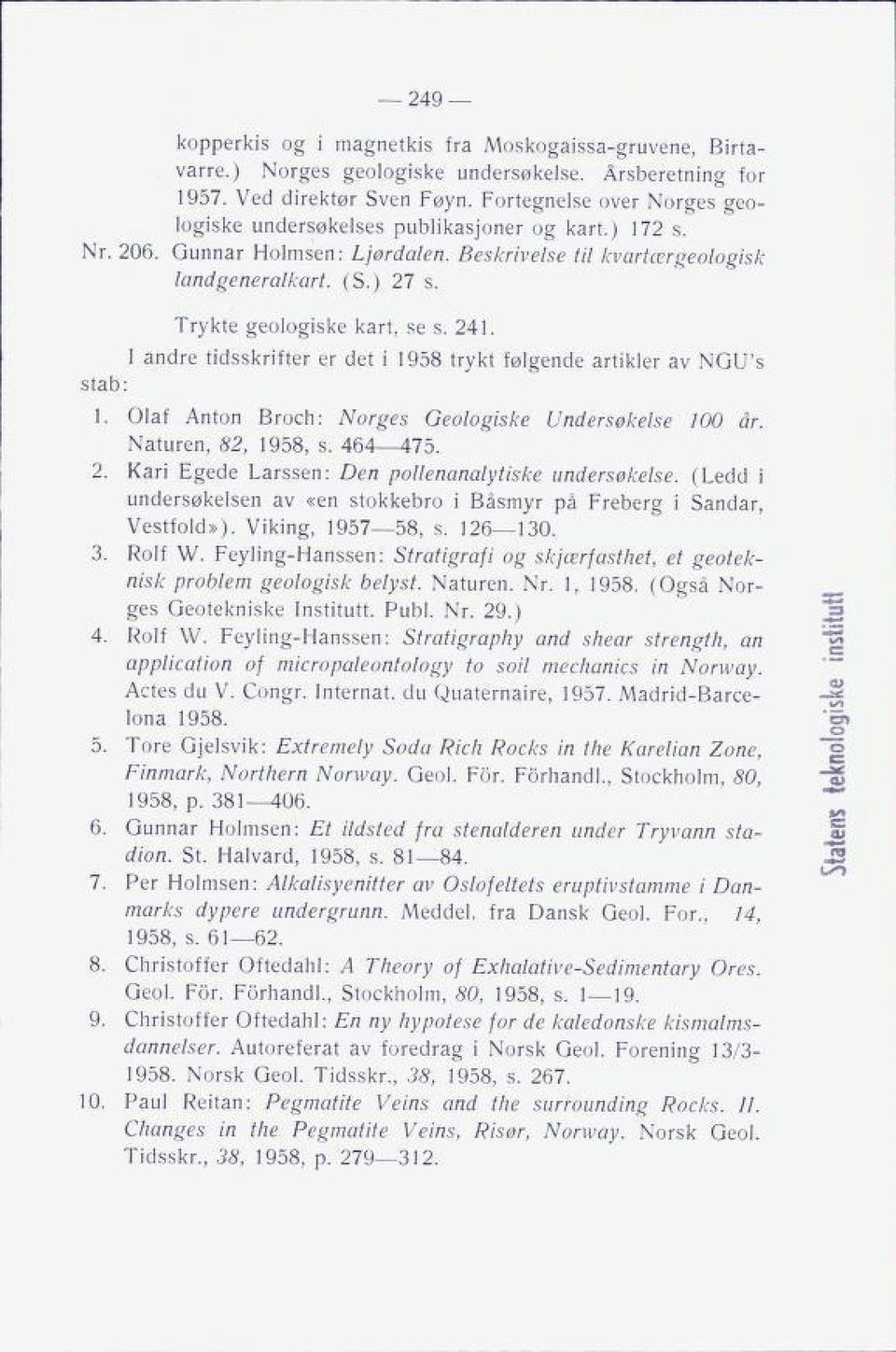 249 Trykte geologiske kart, se s. 241. I andre tidsskrifter er det i 1958 trykt følgende artikler av NGU's stab 1 Olaf Anton Broch: Norges Geologiske Naturen, 82, 1958, s. 464 475.