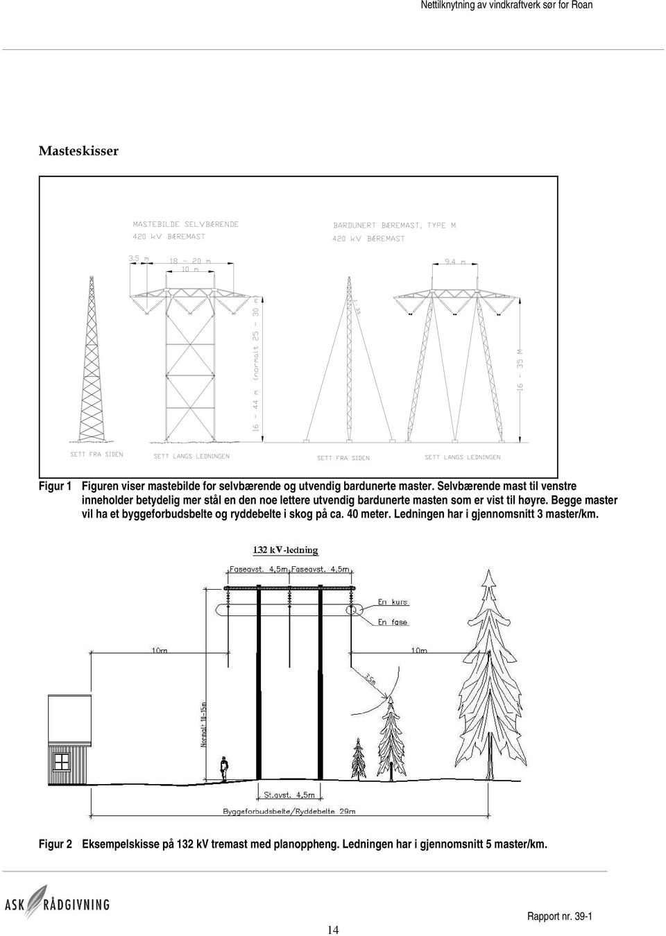 er vist til høyre. Begge master vil ha et byggeforbudsbelte og ryddebelte i skog på ca. 40 meter.