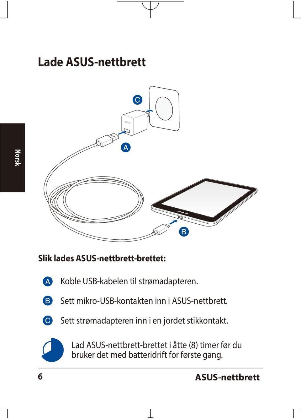 Sett mikro-usb-kontakten inn i ASUS-nettbrett.