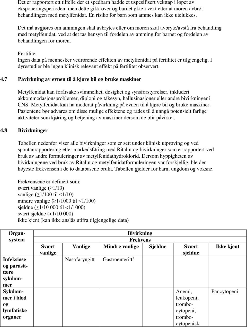 Det må avgjøres om ammingen skal avbrytes eller om moren skal avbryte/avstå fra behandling med metylfenidat, ved at det tas hensyn til fordelen av amming for barnet og fordelen av behandlingen for