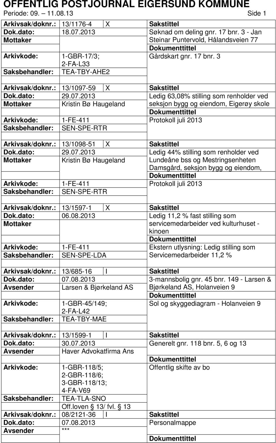 2013 Ledig 63,08% stilling som renholder ved Kristin Bø Haugeland seksjon bygg og eiendom, Eigerøy skole Arkivkode: 1-FE-411 Protokoll juli 2013 Saksbehandler: SEN-SPE-RTR Arkivsak/doknr.