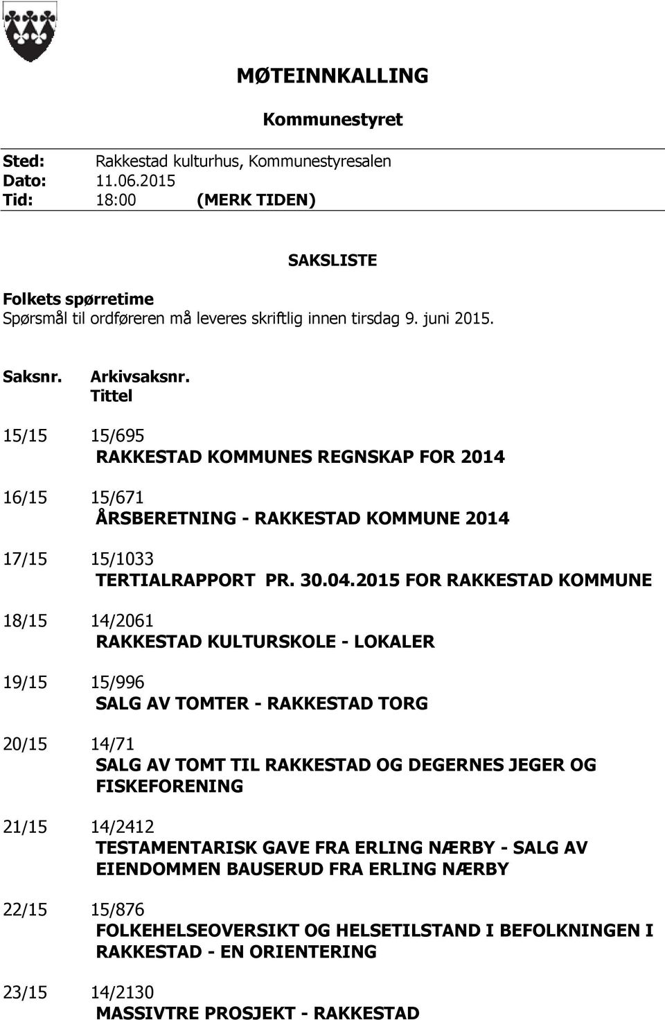 Tittel 15/15 15/695 RAKKESTAD KOMMUNES REGNSKAP FOR 2014 16/15 15/671 ÅRSBERETNING - RAKKESTAD KOMMUNE 2014 17/15 15/1033 TERTIALRAPPORT PR. 30.04.