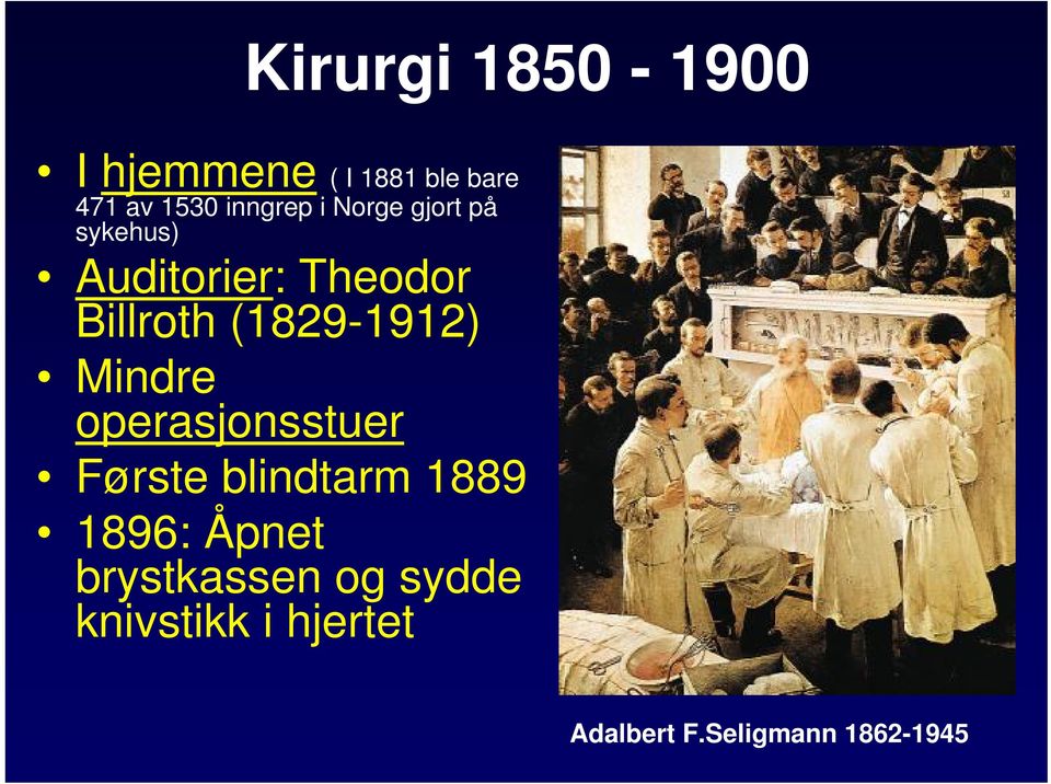 (1829-1912) Mindre operasjonsstuer Første blindtarm 1889 1896: